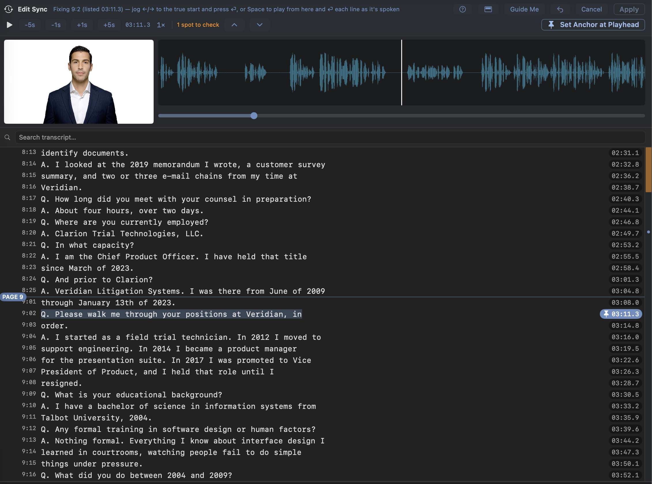 Edit Sync mode in the transcript: the witness video and waveform docked above the transcript, the armed line highlighted with its listed time, pinned lines wearing time chips, and a health strip down the right edge marking the stretches to check.