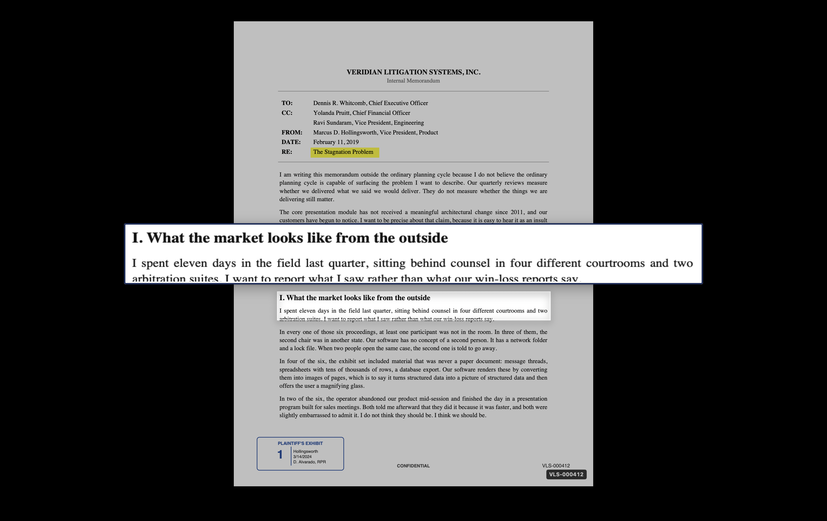 The jury display: only the published exhibit with its highlight and callout magnification, letterboxed on black.
