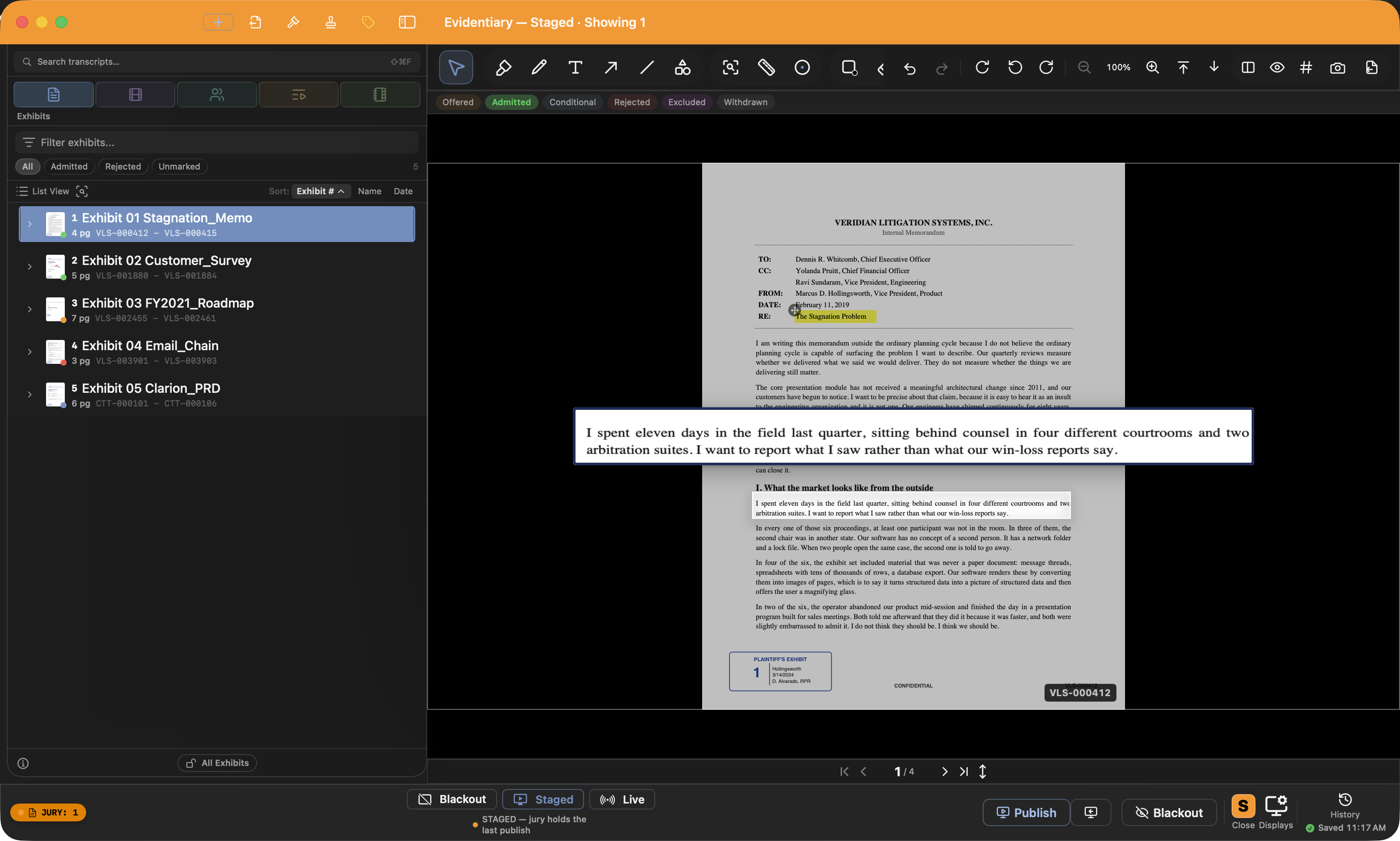 The Evidentiary workspace: exhibit sidebar on the left, each row carrying its Bates range and admission status, the staged memorandum with a highlight on its subject line and a callout magnifying a paragraph, annotation tools along the top, and the Blackout / Staged / Live presenter bar at the bottom while the jury display is presenting.