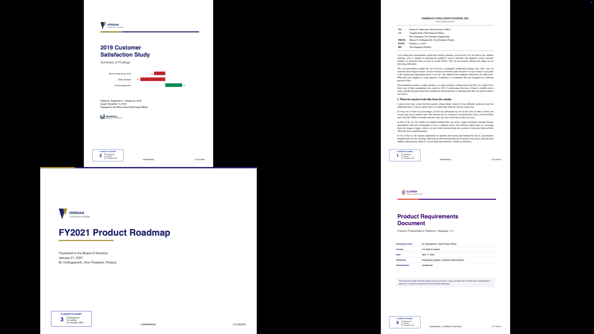 The jury display showing the same four-section board: a survey, a memorandum, a roadmap, and a requirements document.