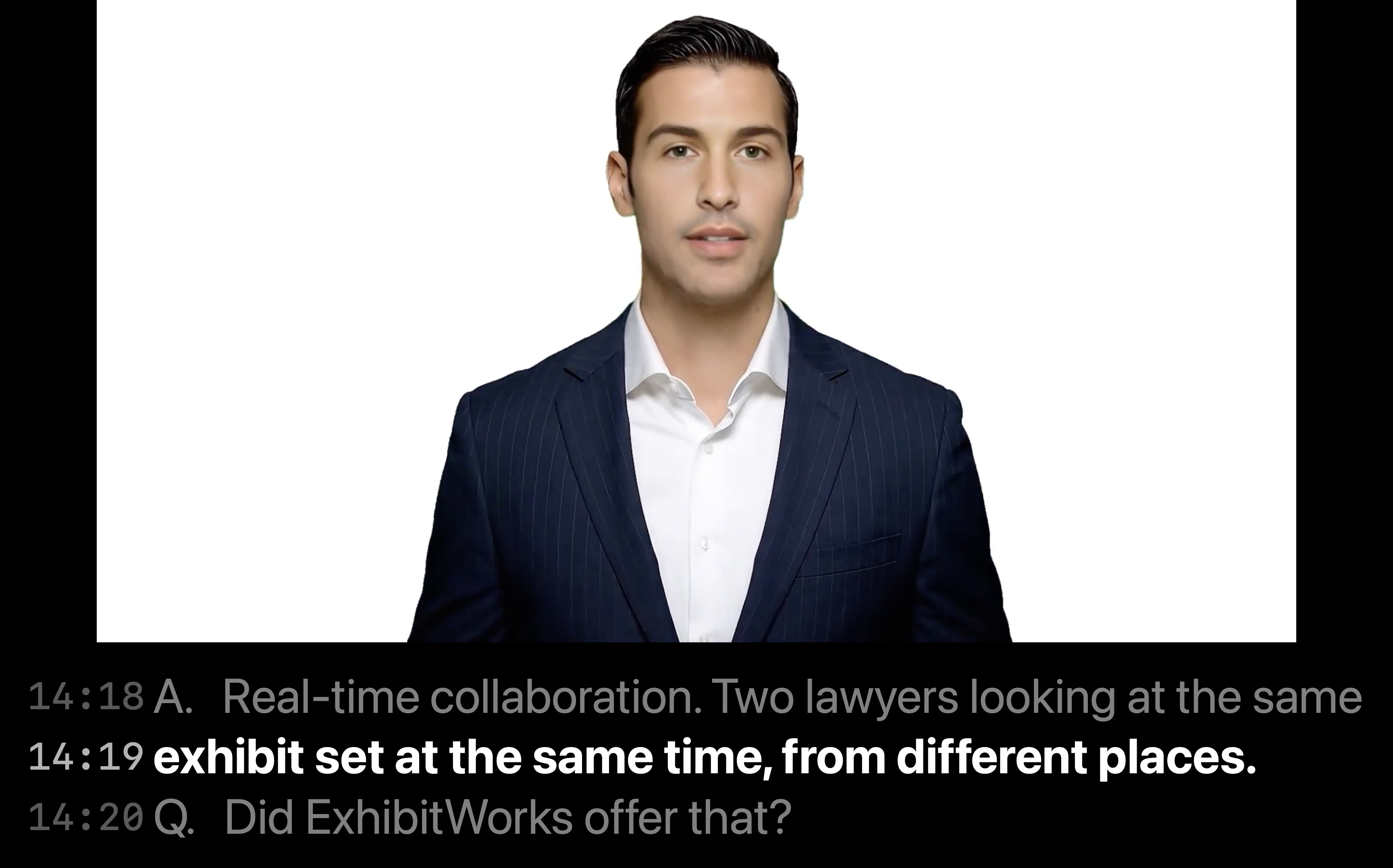 The jury display during a broadcast: the deposition video letterboxed on black with the running caption band beneath it, each line stamped with its transcript page and line.