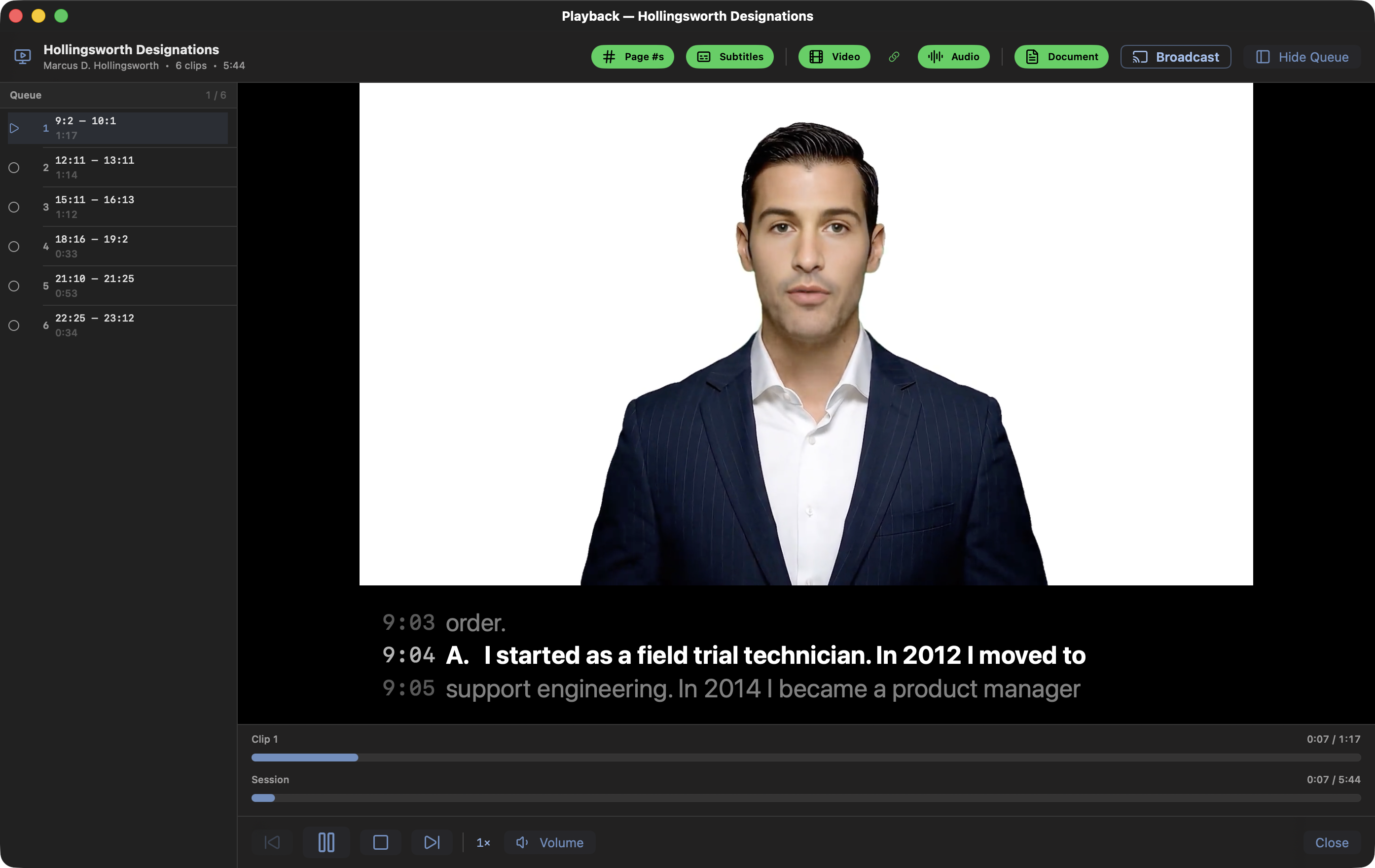 Playback Mode mid-clip: a numbered queue of six clips down the left with page-and-line ranges and durations, the witness video playing in the centre with the spoken word bolded in the captions beneath it, clip and session progress bars, and five green jury toggles across the header beside the Broadcast button.