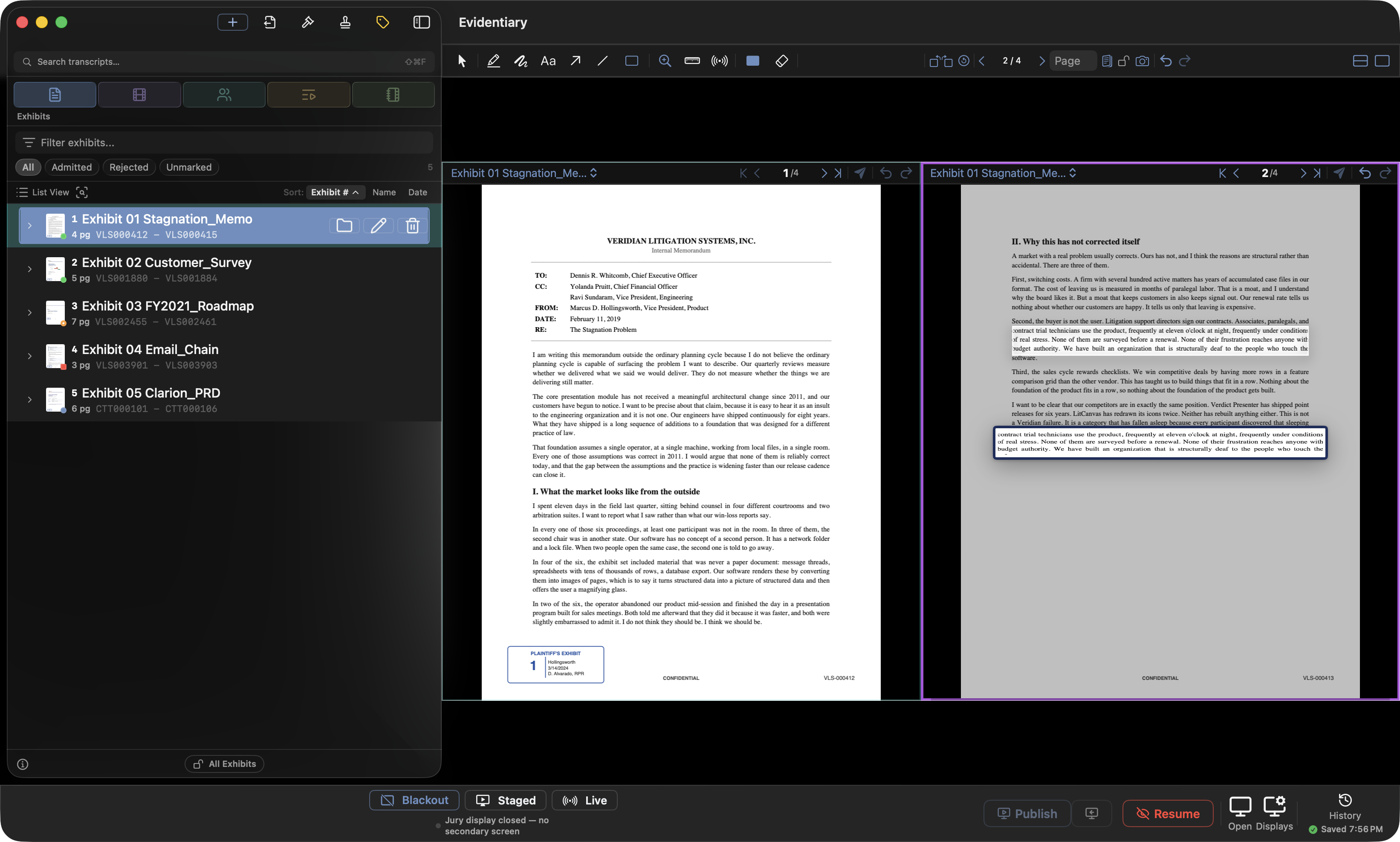 Compare mode: two pages of one exhibit on a single aspect-locked stage, the left pane outlined in teal, the focused right pane outlined in purple with a callout magnifying a paragraph, and one shared annotation toolbar above both.