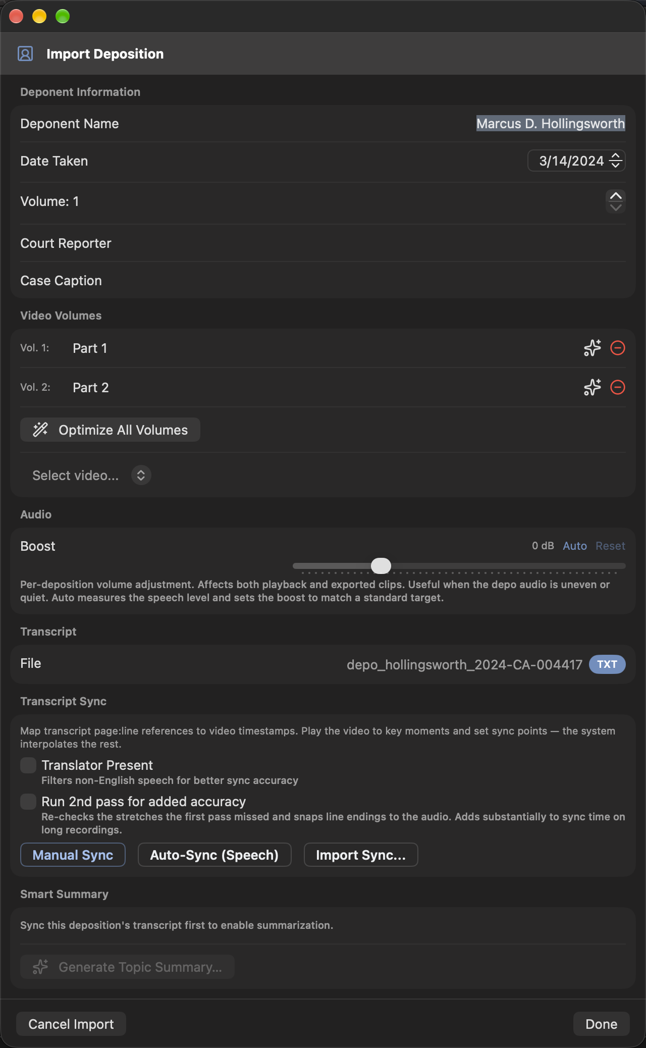 Dropping a deposition folder opens Import Deposition with the transcript, both video volumes, and the deponent filled in