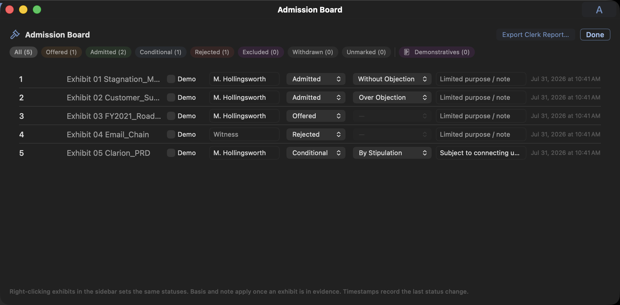 The Admission Board with a few statuses set and the clerk-report export button