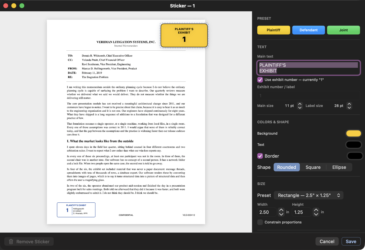 The sticker editor: party presets, the text and exhibit-number fields, colors, shape, and size, with the sticker previewed where you dragged it