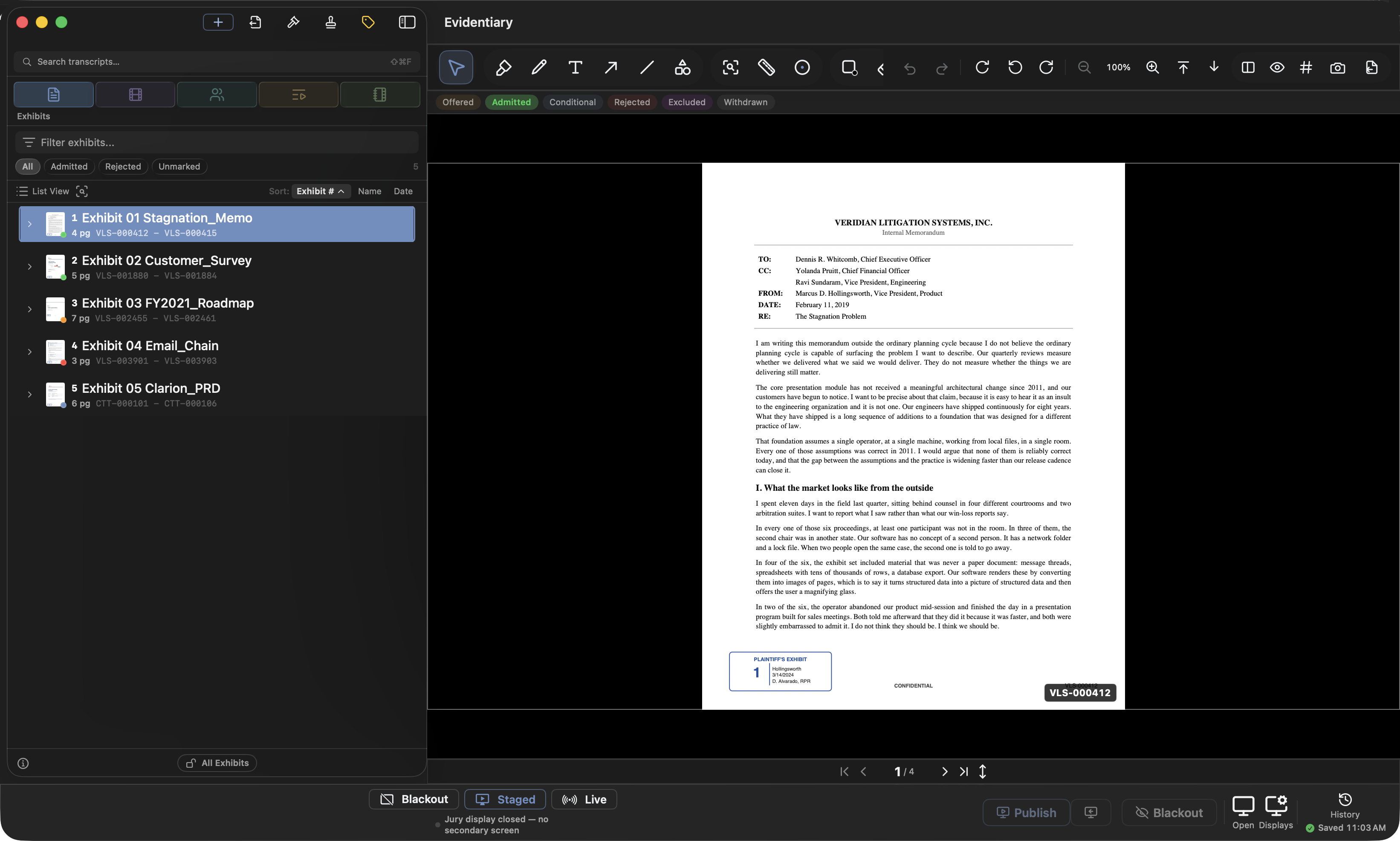 The Exhibits tab: sidebar list with Bates numbers, staged document, annotation toolbar