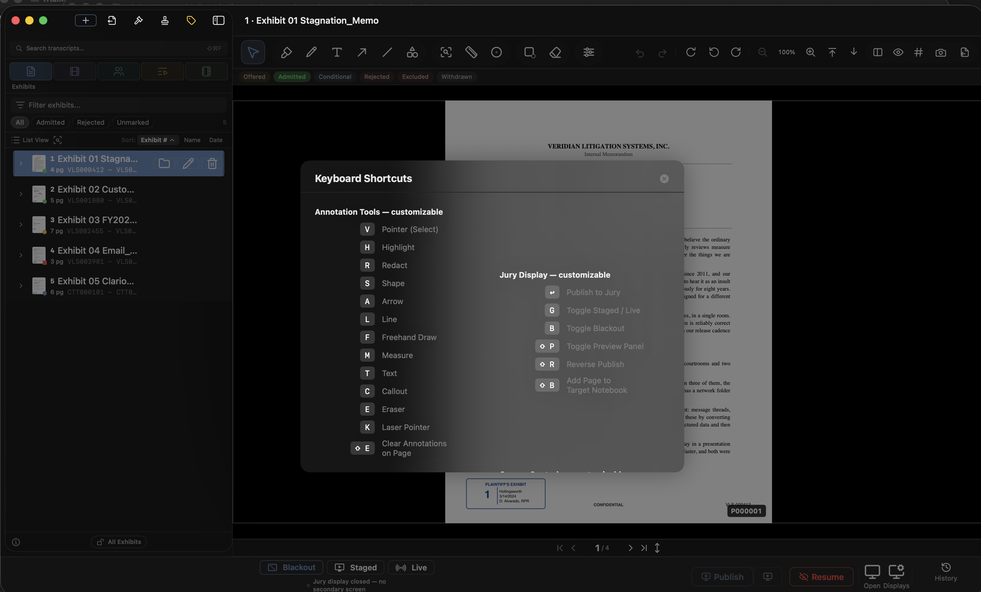 ⌘/ overlays every shortcut grouped by task — annotation tools and jury-display keys are remappable in Settings ▸ Hotkeys