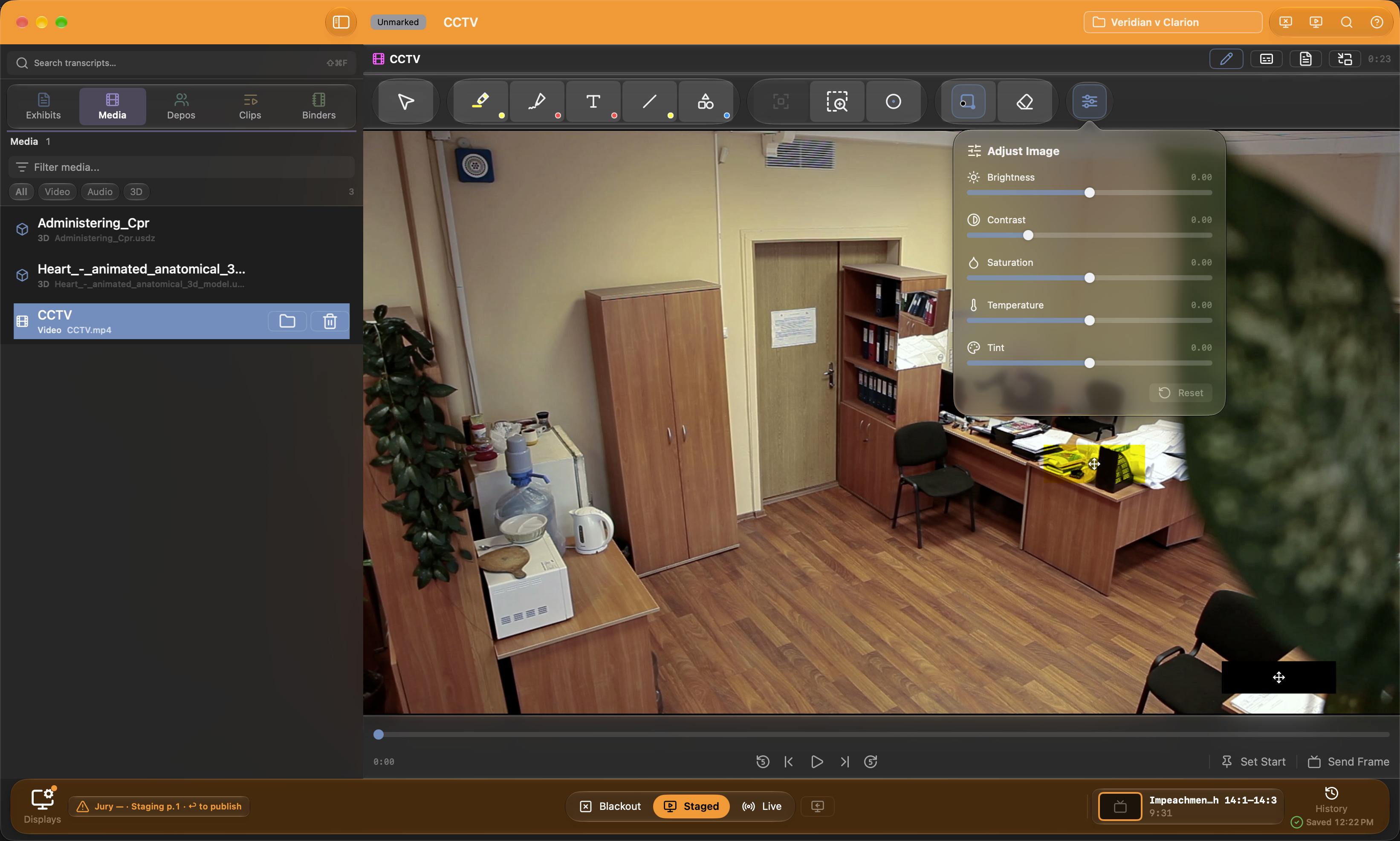 Annotating a video: a highlight and a redaction bar drawn into the picture, with the Adjust Image controls open