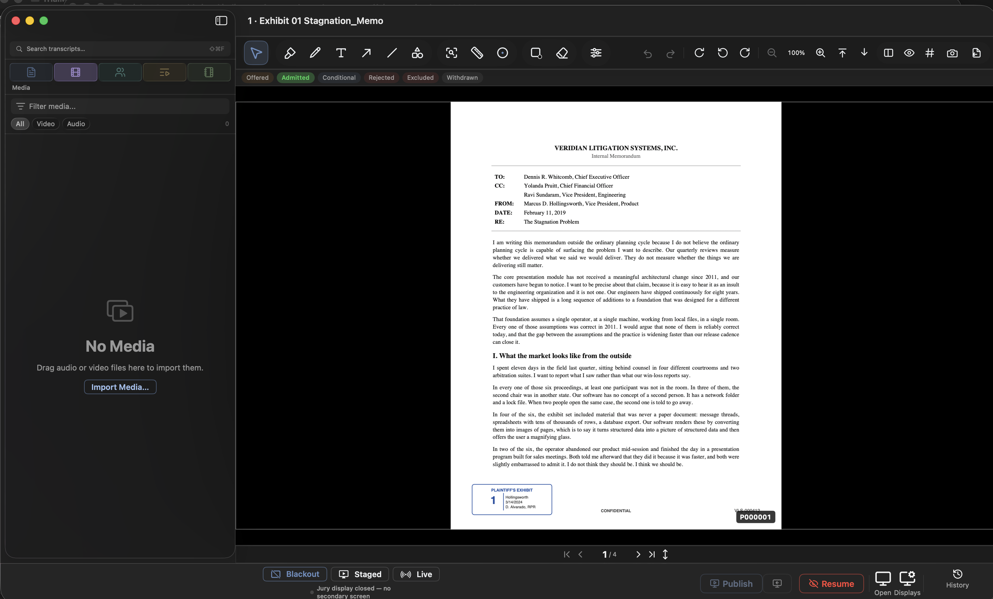The Media tab collects audio and video exhibits — import by drag or with the button