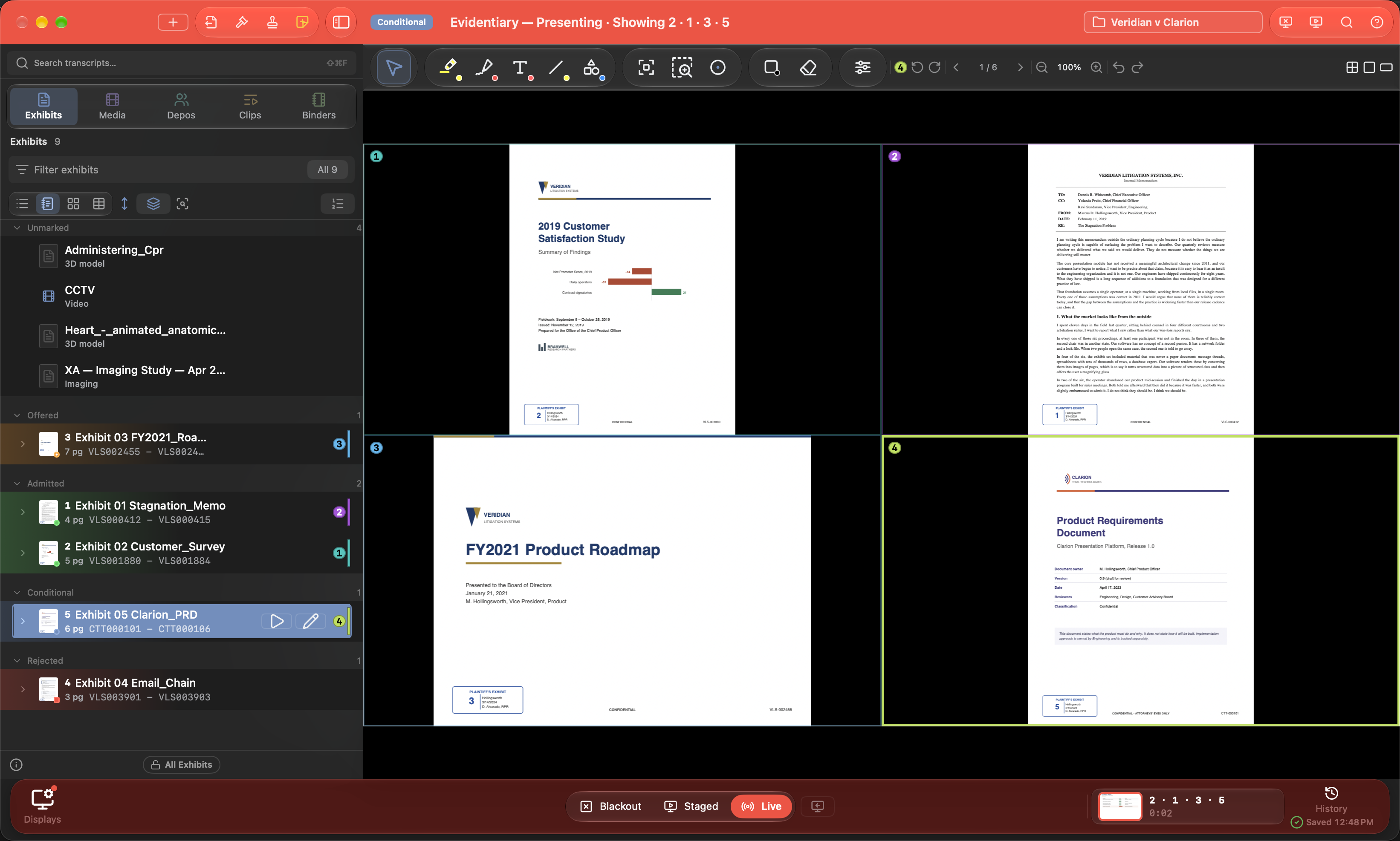 Multi-View in 2 × 2: each section numbered and outlined, and the exhibit list badges the section each exhibit sits in