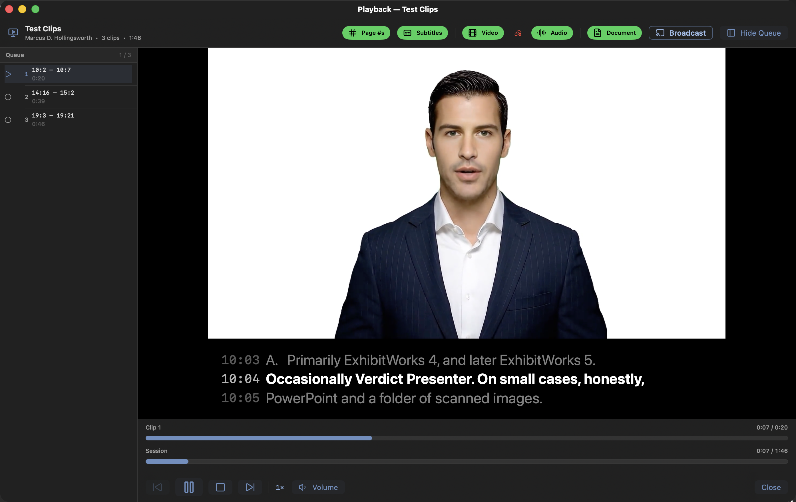 Playback Mode: the clip queue on the left, the running designation with its page:line captions, clip and session progress, and the five jury toggles across the header