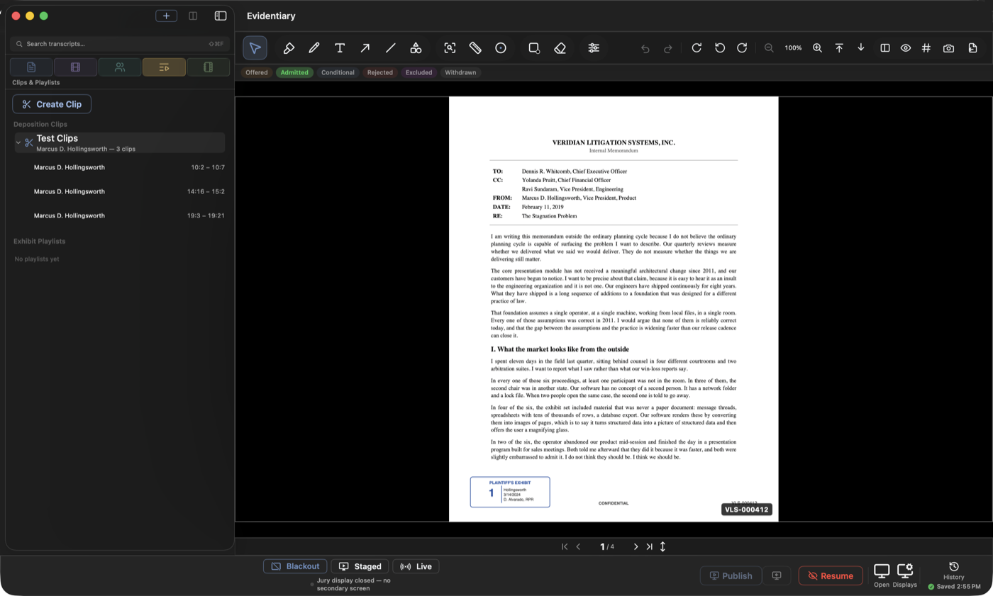 A clip list expanded to its designations with the page:line range each one covers, above the Exhibit Playlists section