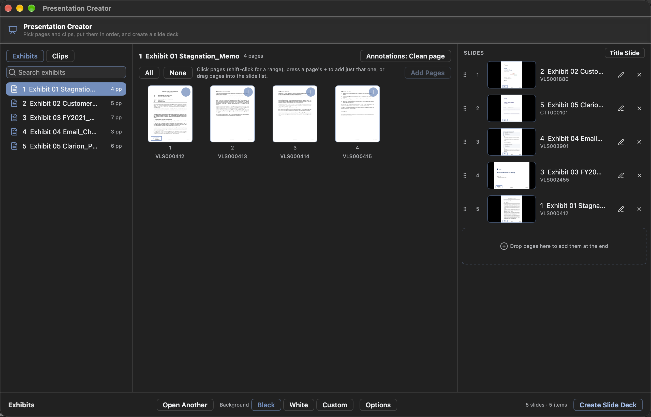 The Presentation Creator building a slide deck from a binder: pick pages on the left, order the slides on the right, then Create Slide Deck