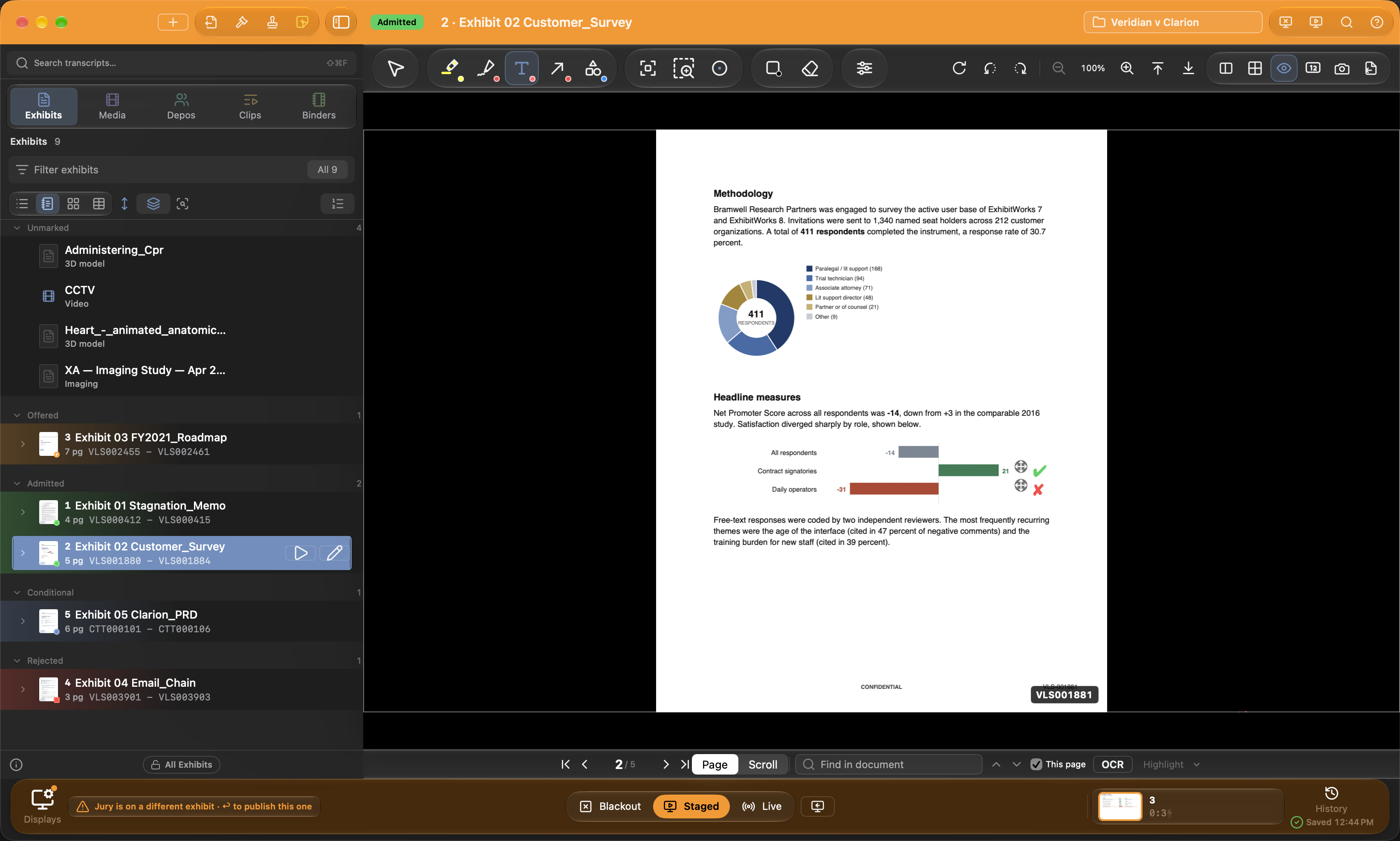 The Text tool's ✔ and ✘ stamps placed beside a survey chart