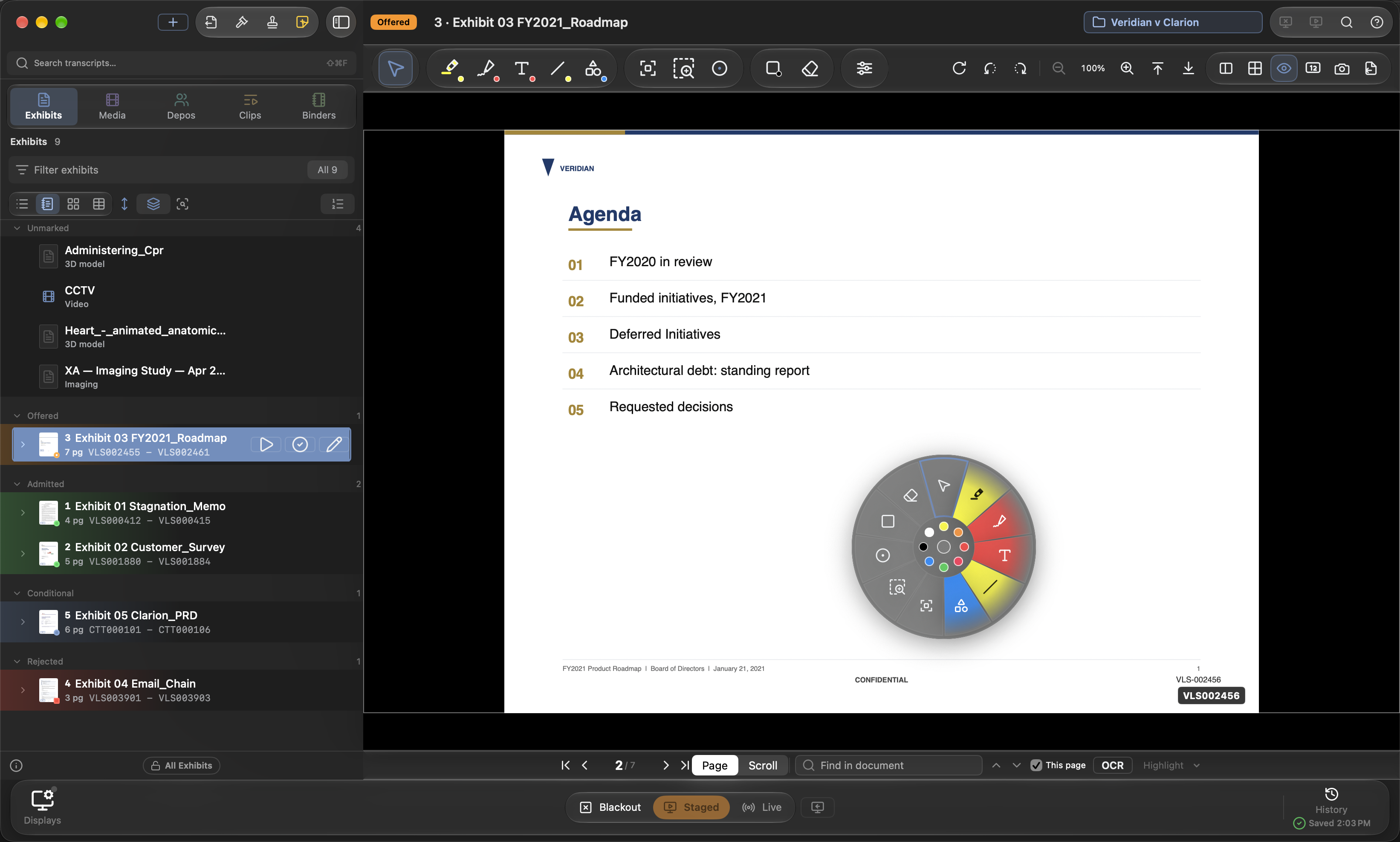 The tool wheel, held open with W under the pointer: each wedge tinted with the color its tool draws in, and the swatches in the hub