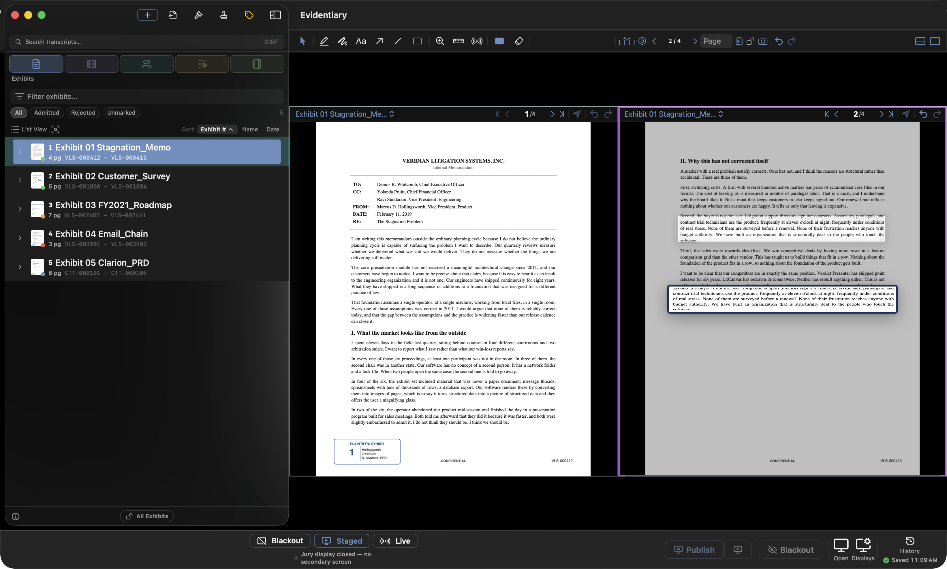 Compare mode: two pages on one aspect-locked stage, the focused pane outlined in teal, a callout magnifying the right-hand page, and one shared annotation toolbar above both