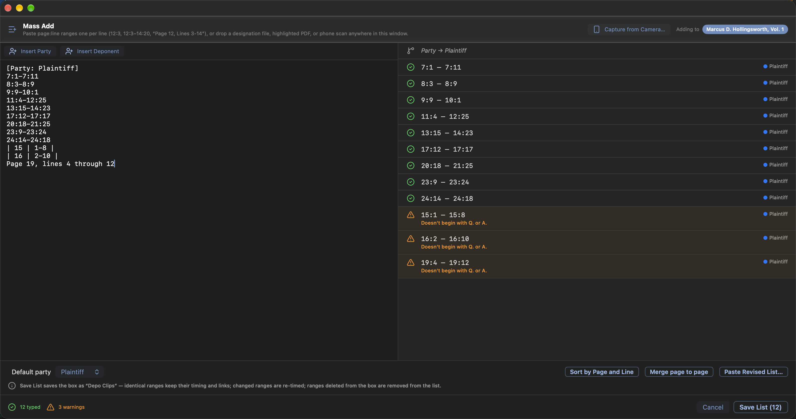 Mass Add reading plain ranges, pasted table rows, and a sentence — each range checked against the transcript, with a warning where one does not start on a question or answer