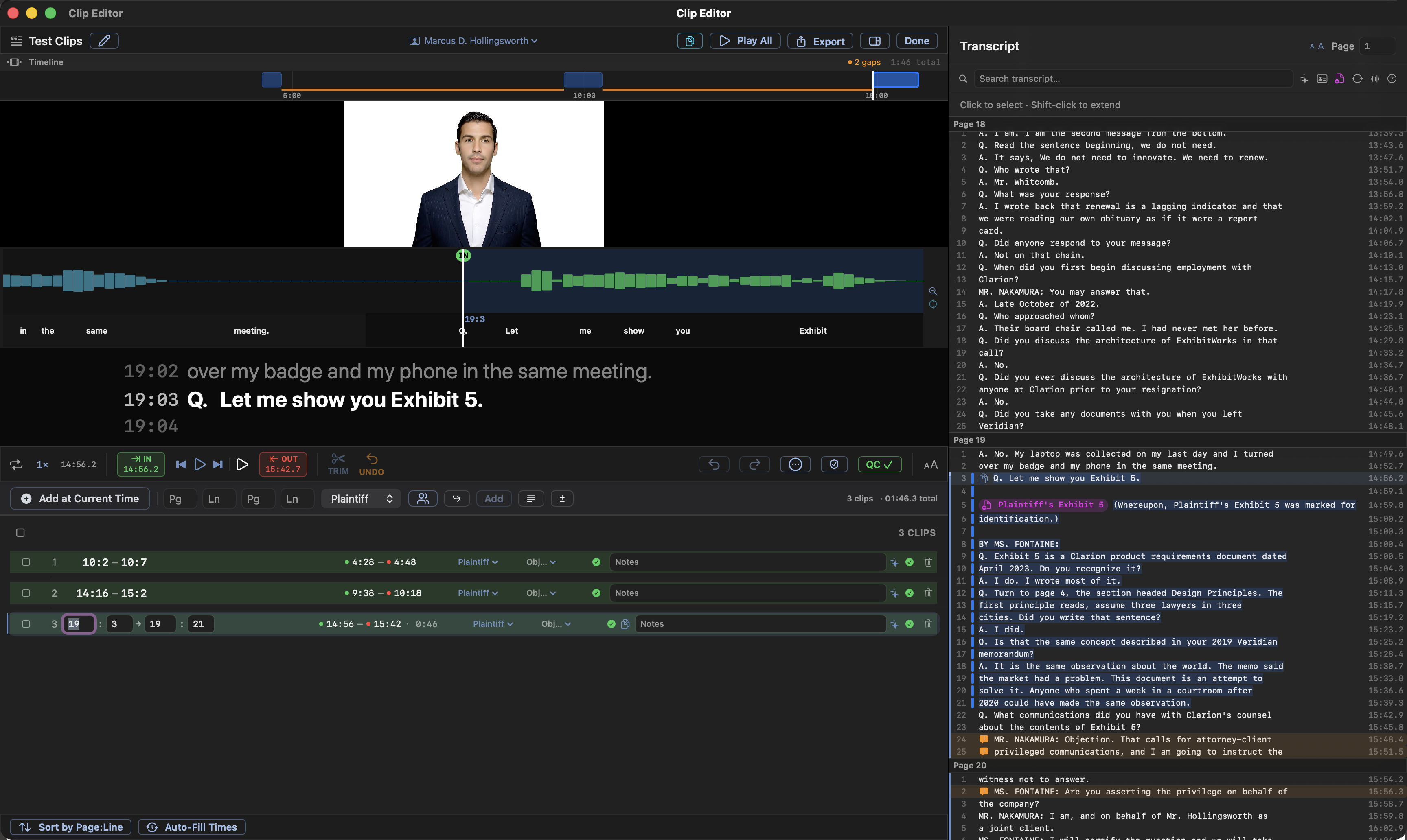 The clip editor: timeline, witness video, clip list with QC checkmarks, synced transcript